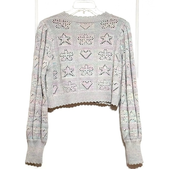 LOVESHACKFANCY Pastel Rainbow Star & Heart Pointelle Cropped Cardigan Sweater L - Picture 8 of 13